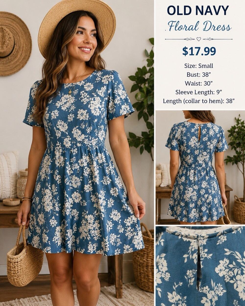 Old Navy Women's Sm Blue White Floral Fit &Flare Dress Short Sleeve Cottagecore